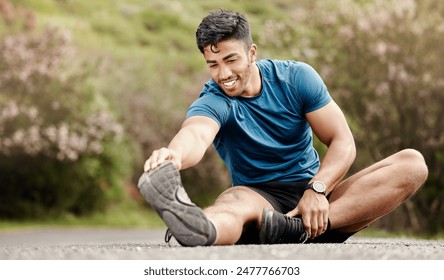 Outdoor, man and stretching leg for fitness, training and exercise for wellness with balance. Nature, road and Indian person or runner with warm up, preparation and getting ready for sports challenge - Powered by Shutterstock