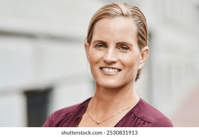 Outdoor, mature businesswoman and portrait with smile for travel, commute and confidence for startup. City, female person and ceo with pride for creative agency, ambition and journey to workplace - Powered by Shutterstock