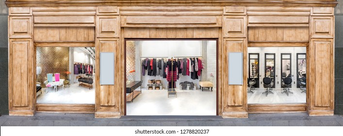 Outdoor Mockup,store Template,front View Wooden Shop Facade With Windows Display And Posters. Clothes Shop And Hair Salon.