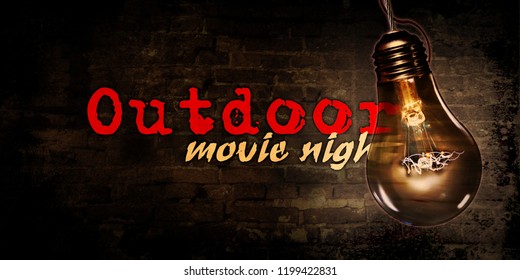 Outdoor Movie Night With Big Bulb And Brick Wall In Background Illustration