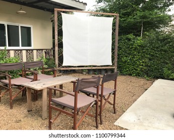 Outdoor Movie Screen And Cafe Sign Black Board Hanging Frame Isolated Rustic Decoration