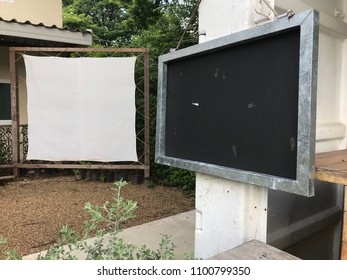 Outdoor Movie Screen And Cafe Sign Black Board Hanging Frame Isolated Rustic Decoration