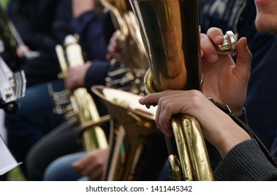 Outdoor Music Festival In The Small Town Of Germany. Musical Brass Instrument. Open-air Concert In The Park. Beautiful Spring Day.