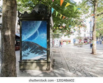 Outdoor Newspaper Kiosk Advertisement Billboard In Paris Street