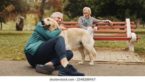 Outdoor, old couple and man with dog for hug, bonding or fitness break in retirement by park bench. Senior people, woman and partner with golden retriever as animal, friendly pet or playful companion - Powered by Shutterstock