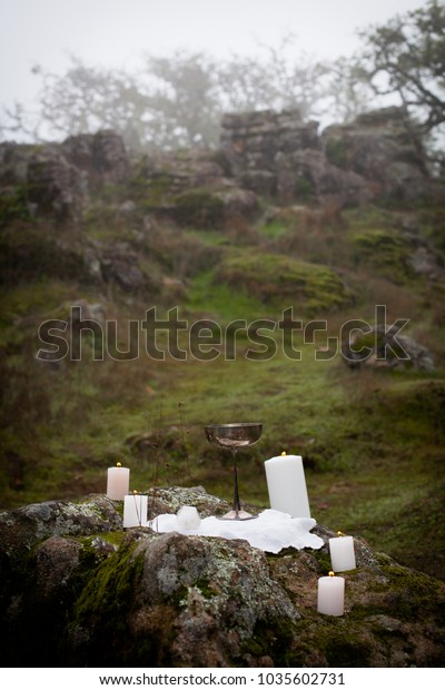 Outdoor Pagan Altar Candles Chalice On Stock Photo Edit Now