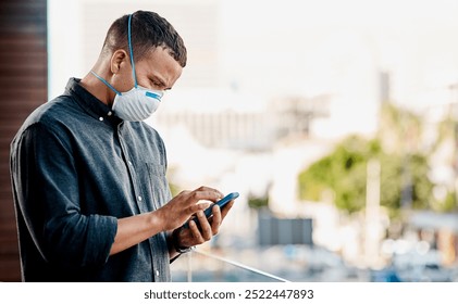 Outdoor, pandemic or businessman with phone, mask and research for covid awareness or flu season. Social media, virus or employee on balcony with network app, mobile notification or healthcare news - Powered by Shutterstock