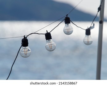 Outdoor Party String Lights Hanging In Backyard On Green Bokeh Background With Copy Space