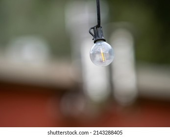 Outdoor Party String Lights Hanging In Backyard On Green Bokeh Background With Copy Space