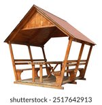 Outdoor patio garden solid wood leisure classical gazebo with wooden bench isolated on white background