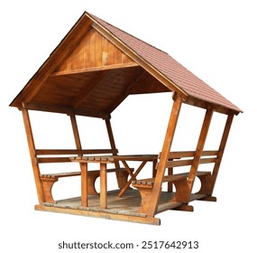 Outdoor patio garden solid wood leisure classical gazebo with wooden bench isolated on white background - Powered by Shutterstock