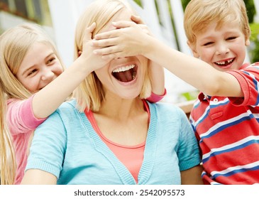 Outdoor, peekaboo or hands of kids with mother, smile or family on porch in home for fun bonding together. Single parent, surprise or mom playing games with boy, girl or children siblings on backyard - Powered by Shutterstock