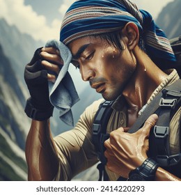 Outdoor photo of close up of an indian mountaineer wiping his sweat off 