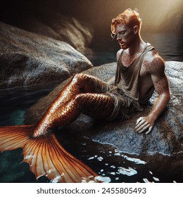 Outdoor photo of a full body scene of a freckled fit ginger man turning into a merman. he is wearing a dirty loose cropped tank top. he is lounging on his back on a rock in the shallows of an ocean grotto. he is looking down, mouth open, grunting