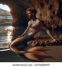 Outdoor photo of a full body scene of a freckled fit ginger man turning into a merman. he is wearing a dirty loose cropped tank top. he is lounging on his back on a rock in the shallows of an ocean grotto. he is looking down, mouth open, grunting