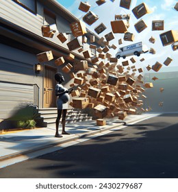 Outdoor photo of a lot of realistic mailing boxes flying through the city to the front door where a woman with smartphone awaits them