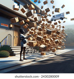 Outdoor photo of a lot of realistic mailing boxes flying through the city to the front door where a woman with smartphone awaits them