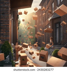 Outdoor photo of a lot of realistic mailing boxes flying through the city to the front door where a cucasian woman with smartphone awaits them