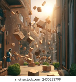 Outdoor photo of a lot of realistic mailing boxes flying through the city to the front door where a cucasian woman with smartphone awaits them