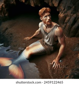 Outdoor photo of realistic overhead scene of an athletic freckled ginger man going through his transformation into a merman. he is wearing a dirty tank top. he is lying against a rock in the shallows of a cave opening on the shore. he stares at his change