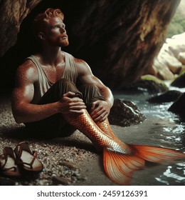 Outdoor photo of realistic overhead scene of an athletic freckled ginger man going through his transformation into a merman. he is wearing a dirty tank top. he is lying against a rock in the shallows of a cave opening on the shore. he stares at his change