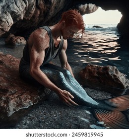 Outdoor photo of realistic overhead scene of an athletic freckled ginger man turning into a merman. he is wearing a dirty tank top, lying against a rock in the shallows of a cave opening on the shore. he is moaning twisting his body staring down. his legs