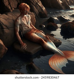 Outdoor photo of realistic overhead scene of an athletic freckled ginger man turning into a merman. he is wearing a worn out tank top, lying against a rock in the shallows of a cave opening on the shore. he is moaning twisting his body staring down. his