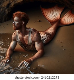 Outdoor photo of realistic overhead scene of an athletic freckled ginger man turning into a merman. he is wearing a dirty tank top, lying on the sand in the shallows of a cave opening on the shore. he is moaning, flexing and twisting his body. his legs