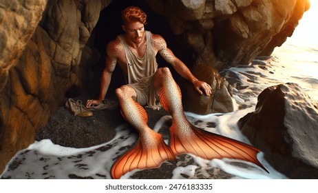 Outdoor photo of realistic overhead scene of a fit freckled ginger man becoming a merman. he is wearing a dirty tank top. he is lying against a rock in the shallows of a cave opening on the shore. he looks down confused grunting exhausted. his legs are