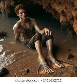 Outdoor photo of realistic overhead sequence of a young fit freckled ginger man becoming a merman. he is wearing a dirty tank top. he is lying against a rock in the shallows of a cave opening on the shore. he looks down confused moaning exhausted. his