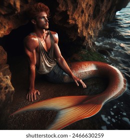 Outdoor photo of realistic overhead sequence of a young fit freckled ginger man becoming a merman. he is wearing a dirty tank top. he is lying on his side against a rock in the shallows of a cave opening on the shore. he looks down confused grunting