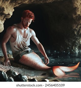 Outdoor photo of the scene depicts a freckled, athletic ginger man in the midst of transformation into a merman. wearing a dirty, torn tank top, he reclines on his side upon a rock within the shallow waters of a sea cave. gazing downward surprised,