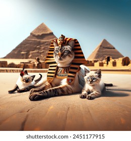 Outdoor photo of siamese cat wearing pharaoh outfit laying down in front of egyptian pyramids and two little kittens looking at camera
