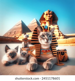 Outdoor photo of siamese cat wearing pharaoh outfit looking at camera laying down in front of egyptian pyramids and two little kittens