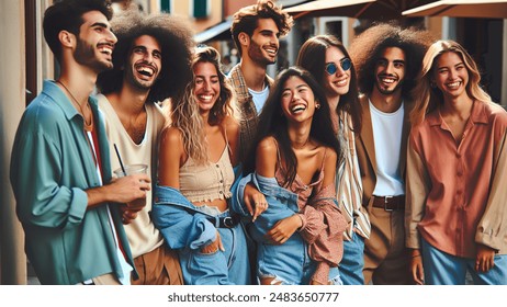 Outdoor photo of six trendy young adults hanging on a street corner in a small town, laughing.