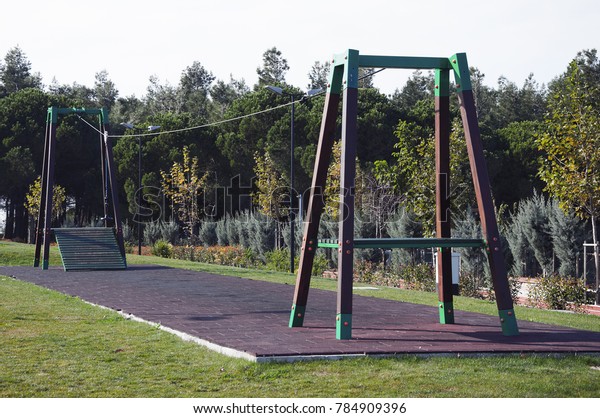 Outdoor\
playground and playground equipment. Adventure games. Clean air and\
green spaces. Canakkale. Turkey. November\
2017.