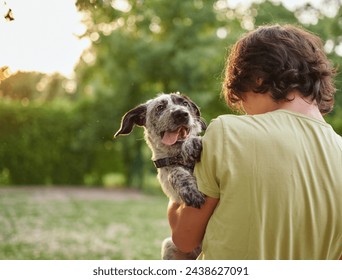 Outdoor portrait of boy with his adopted dog. Friendship of teenager with pet, boy walking in summer meadow, scenic sunset landscapes background. High quality photo - Powered by Shutterstock