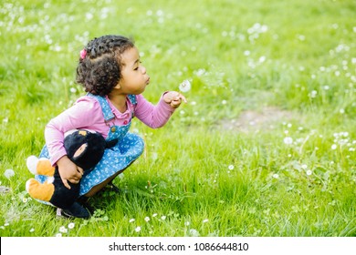 Outdoor Portrait Of A Cute Toddler Black Girl Blowing A Dandelion Flower - African American Or Mexican Ethnicity Concept.