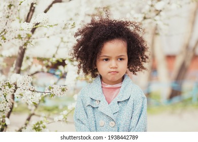 Retrato al aire libre de niña graciosa rodeada de árboles florecientes en primavera