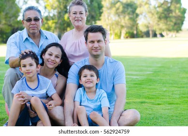 Outdoor portrait of multi generation and interracial family in park, happy, relaxed smiling, grandparents, grandkids and their parents, blurred background.