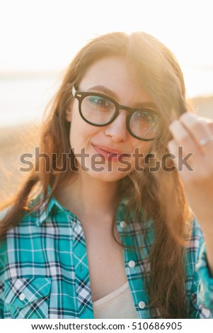 Outdoor portrait summer beach young beautiful woman smiling