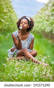 Outdoor Portrait Of A Young Beautiful African American Woman Blowing A Dandelion Flower - Black People