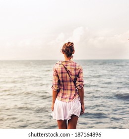 Outdoor Portrait Of Young Pretty Woman Posing Near The Sea Alone And Waiting For Her Sailor Man Husband 