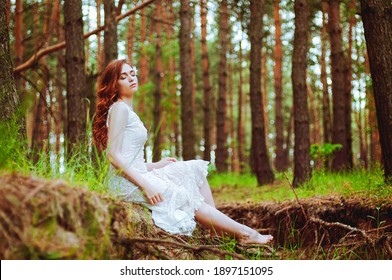 Outdoor portrait of young redhead woman in vintage wedding dress sitting in beautiful forest. Woman's Day. Female spring, summer fashion concept. Wedding day. - Shutterstock ID 1897151095
