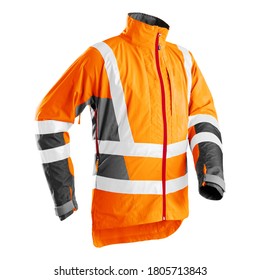 Outdoor Protective Clothing Isolated. Orange High Viz Light-Up Technical Jacket Made of Light Polyester for Forestry Work. High Visibility Technical Outerwear. Man’s Wardrobe Performance Garment