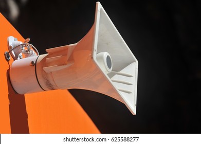 Outdoor Public Address Speaker Mounted To The Top Of A Railroad Train Car