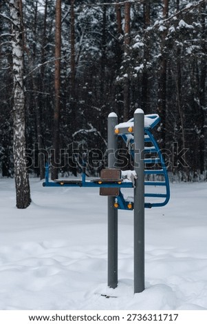 Outdoor pull up bars and workout station covered in winter snow