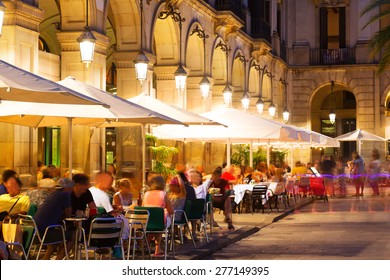 Outdoor Restaurants At Placa Reial In  Night. Barcelona 