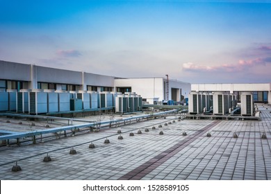 Outdoor Row Of Compressor HVAC Chiller Fan Coil Unit (FCU) Of Air Conditioning.