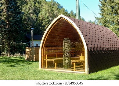 Outdoor Sauna With A Glass Window For Being Close To Nature In The Forrest